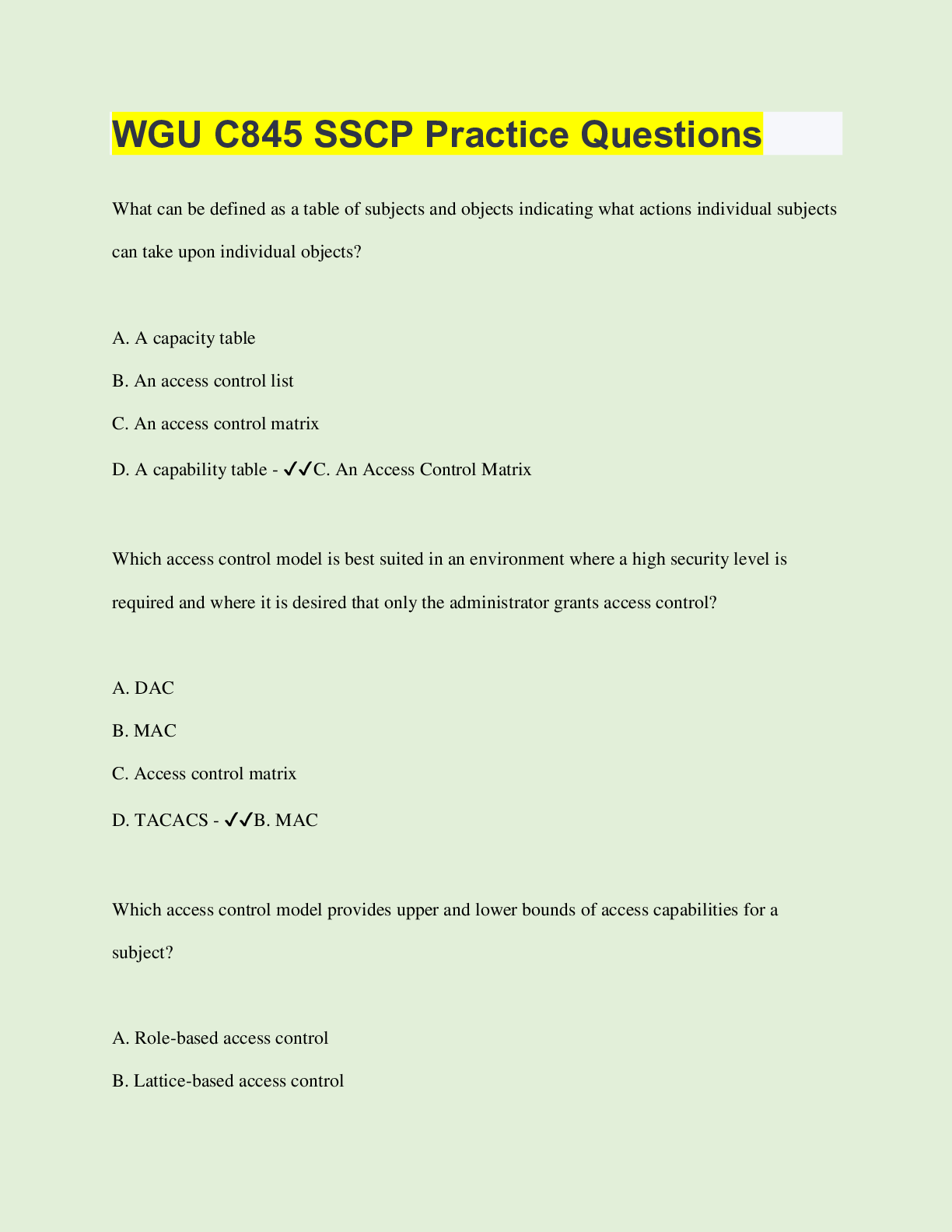 Preview of WGU C845 SSCP Practice Questions  | 500 Questions with 100% Correct Answers | Verified | L
